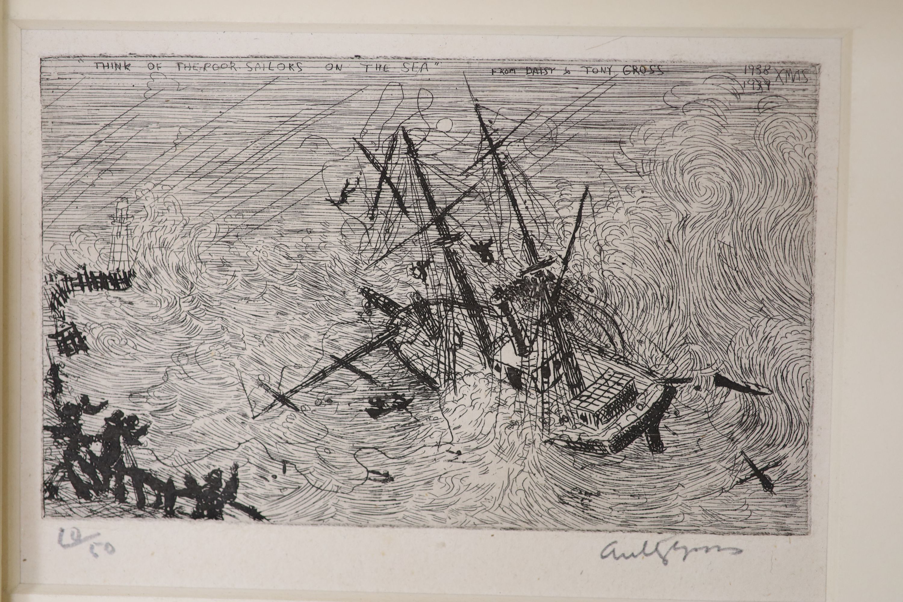 Anthony Gross (1905-1984), two etchings, ‘Think of the poor sailors on the sea, Xmas 1938’ & ‘Cold fish’, signed in pencil, 10/50 & 20/100, 7.5 x 12.5cm & 6 x 9cm. unframed